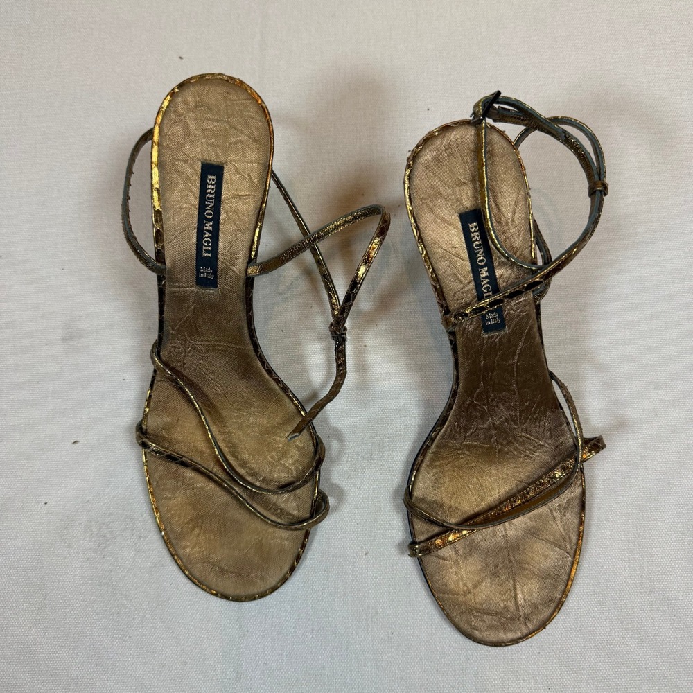 Bruno Magli Gold Metallic Snake Print Stiletto Strappy Heels Sandals - Size 7 - Picture 2 of 8